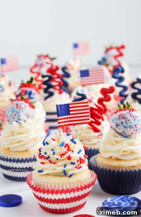 Vibrant Flag Day Cupcakes, adorned with patriotic decorations and ready for any summer holiday celebration.