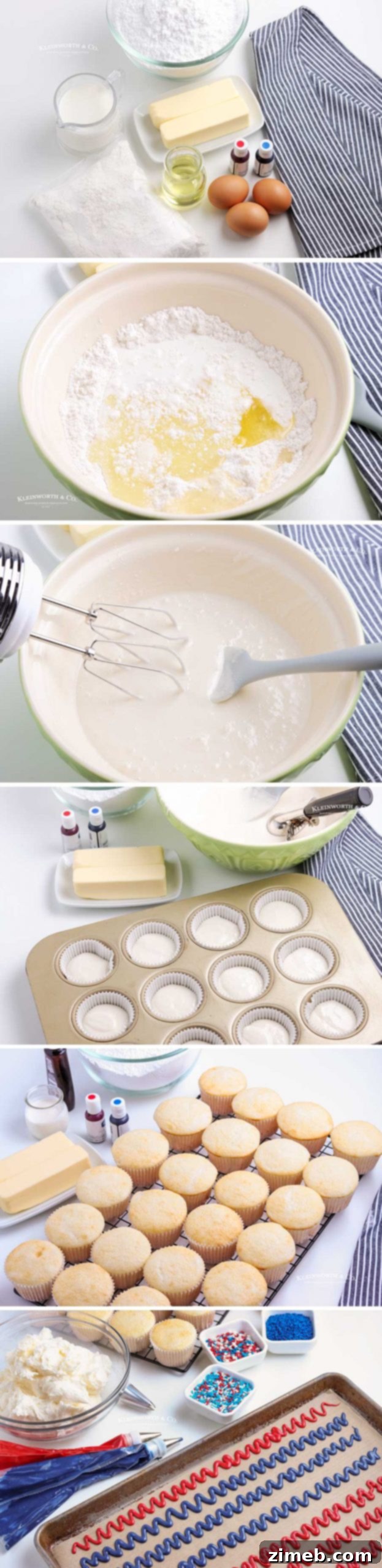 Step-by-step guide on how to make festive 4th of July Cupcakes with patriotic decorations.