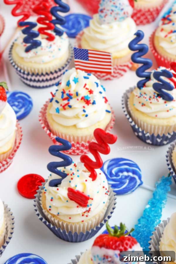 Perfectly frosted patriotic cupcakes, ready for a 4th of July celebration.