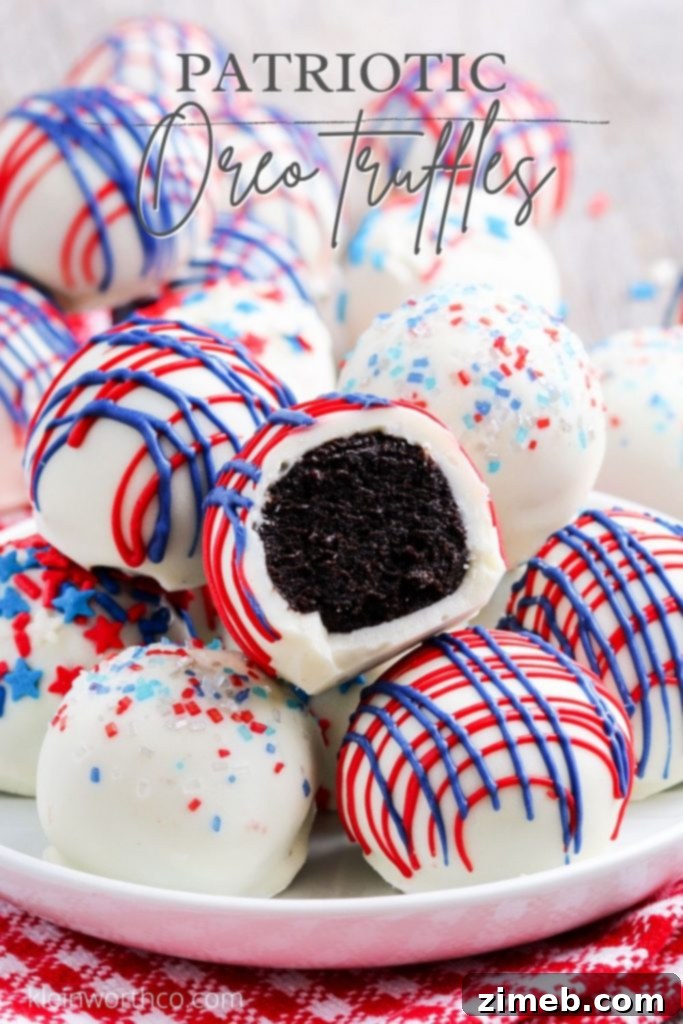 Firecracker Truffles 2 Festive no-bake 4th of July Truffles with red, white, and blue decorations, perfect for summer celebrations.