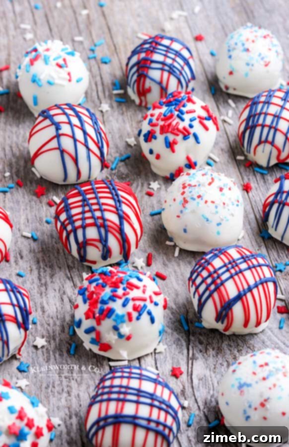 Firecracker Truffles 17 Oreo truffles with festive red, white, and blue sprinkles, perfect for the 4th of July.