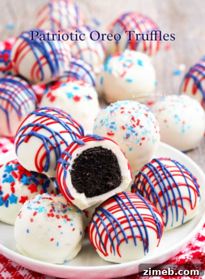 Firecracker Truffles 19 Close-up of vibrant 4th of July Truffles with red, white, and blue toppings.