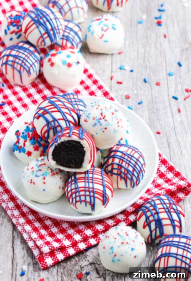 Firecracker Truffles 3 Decorated Oreo truffles with patriotic sprinkles and chocolate drizzles.
