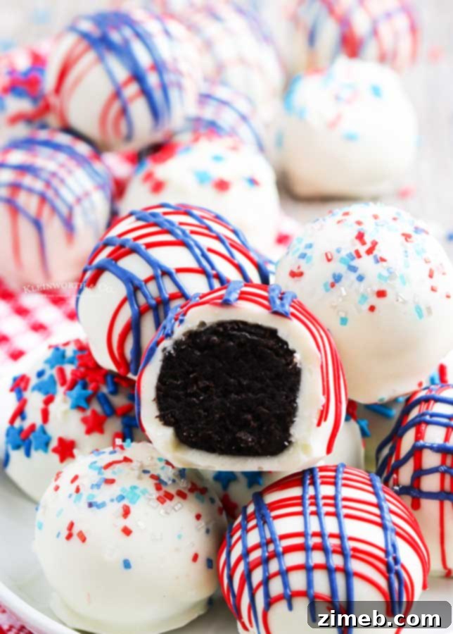 Firecracker Truffles 6 Patriotic holiday dessert: red, white, and blue Oreo truffles.