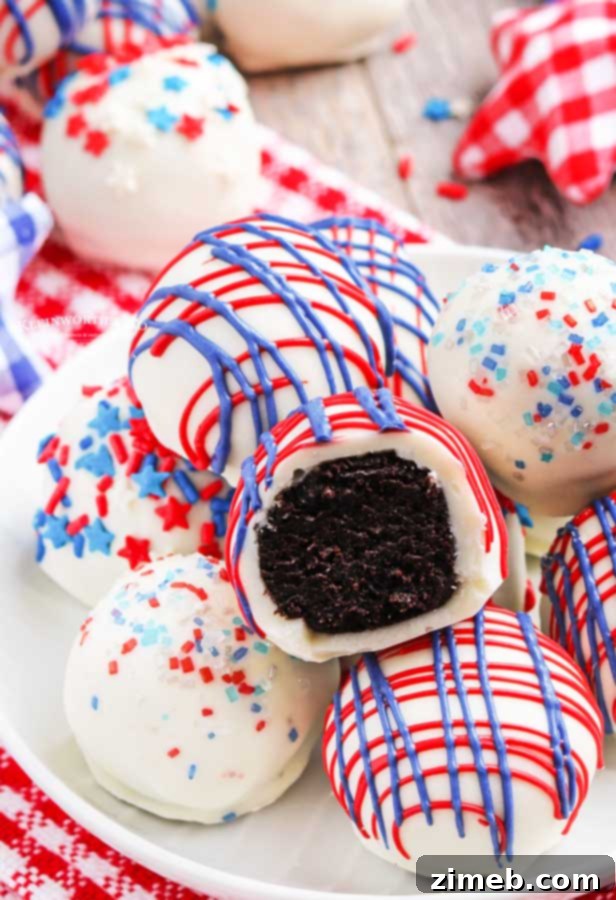 Firecracker Truffles 8 An array of no-bake 4th of July desserts featuring patriotic colors.