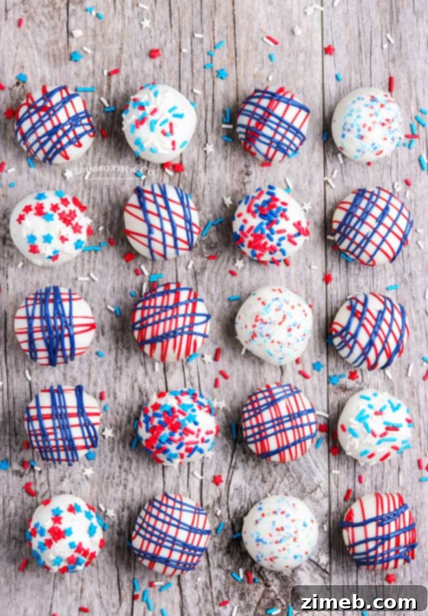 Firecracker Truffles 10 A vibrant red, white, and blue dessert, perfect for patriotic celebrations.