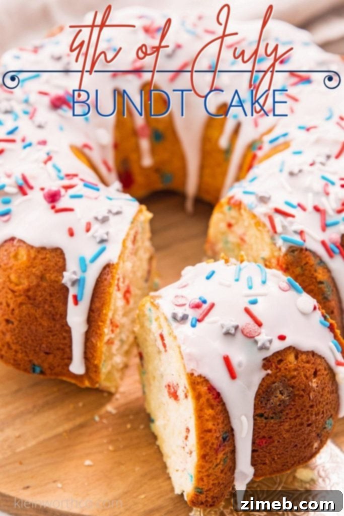 Vibrant 4th of July Funfetti Bundt Cake with red, white, and blue sprinkles, perfect for Independence Day celebrations.