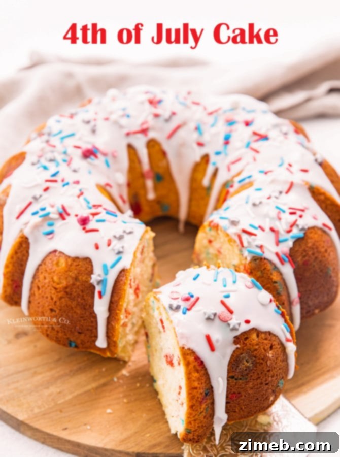 An overhead shot of the delicious 4th of July Bundt Cake, showcasing its beautiful glaze and patriotic sprinkles.