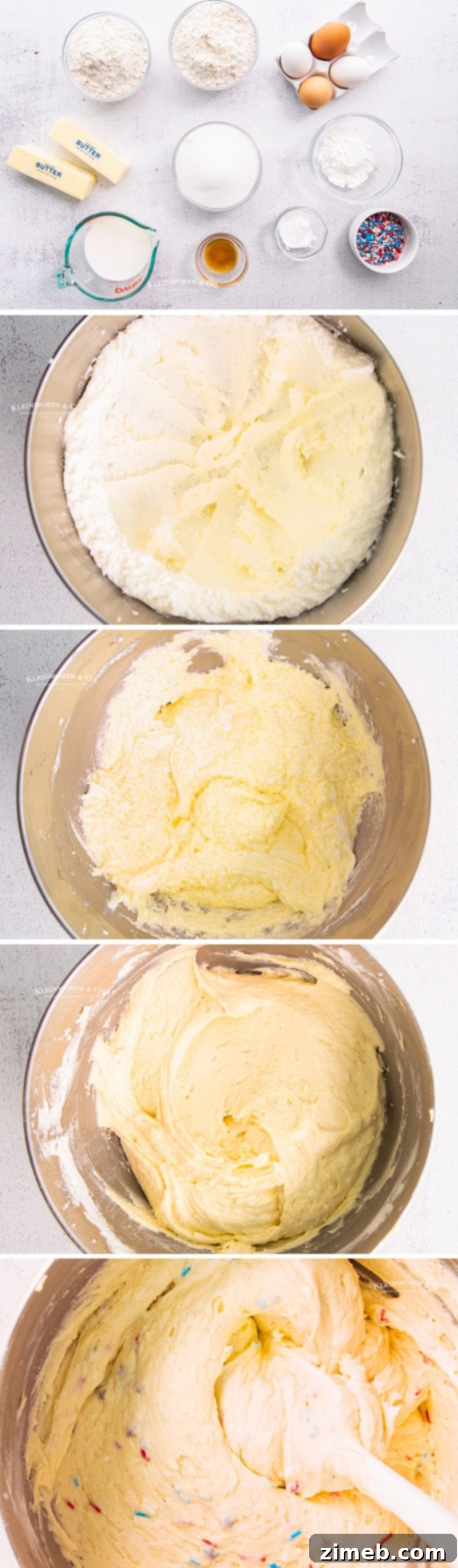 Detailed shot showing how to prepare the 4th of July Bundt Cake batter with red, white, and blue sprinkles.