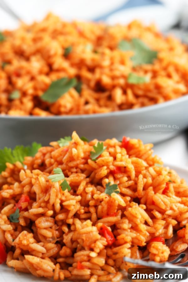 Flavorful Fiesta Rice 4 Spanish rice served on a plate with fresh garnishes.