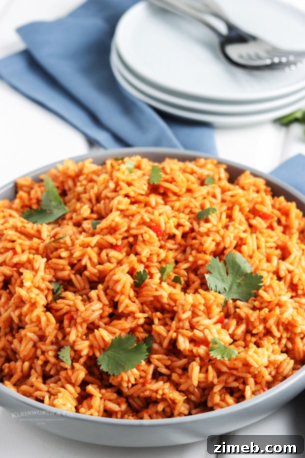 Flavorful Fiesta Rice 5 Delicious homemade Mexican rice, a close cousin to Spanish rice, in a bowl.