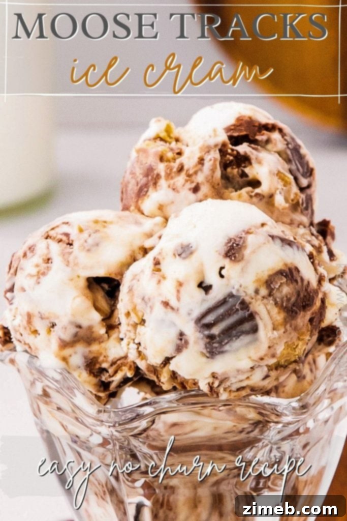 Homemade Moose Tracks No Churn Ice Cream 2 Close-up of homemade Moose Tracks Ice Cream with prominent fudge ripple and peanut butter cups
