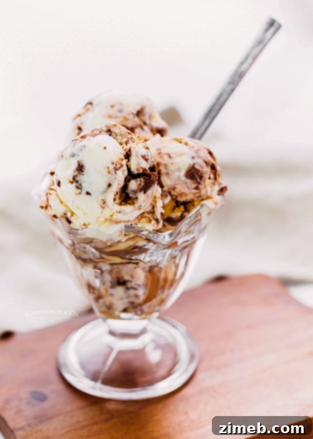 Homemade Moose Tracks No Churn Ice Cream 20 Close-up of no-churn Moose Tracks ice cream with a full spoon