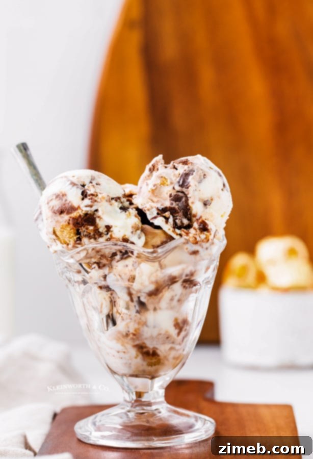 Homemade Moose Tracks No Churn Ice Cream 4 Rich Moose Tracks frozen dessert with swirls of chocolate and peanut butter cups