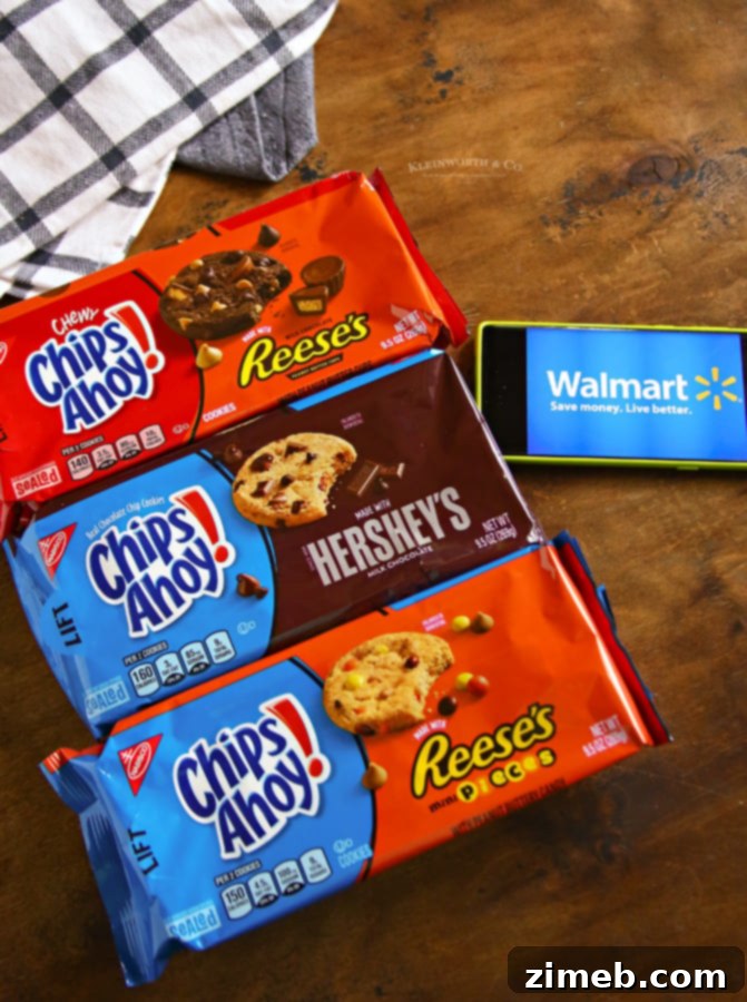 Sky-High Sundae Spectacle 4 Chips Ahoy cookies, Hershey's, and Reese's candy for a sundae.