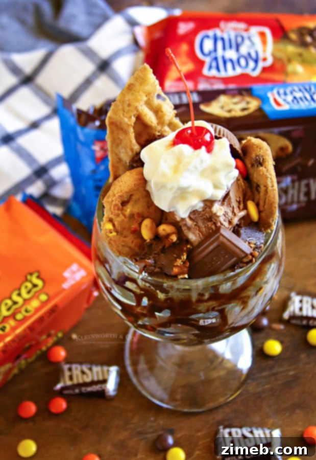 Sky-High Sundae Spectacle 8 An ice cream treat sundae loaded with cookies and candy.