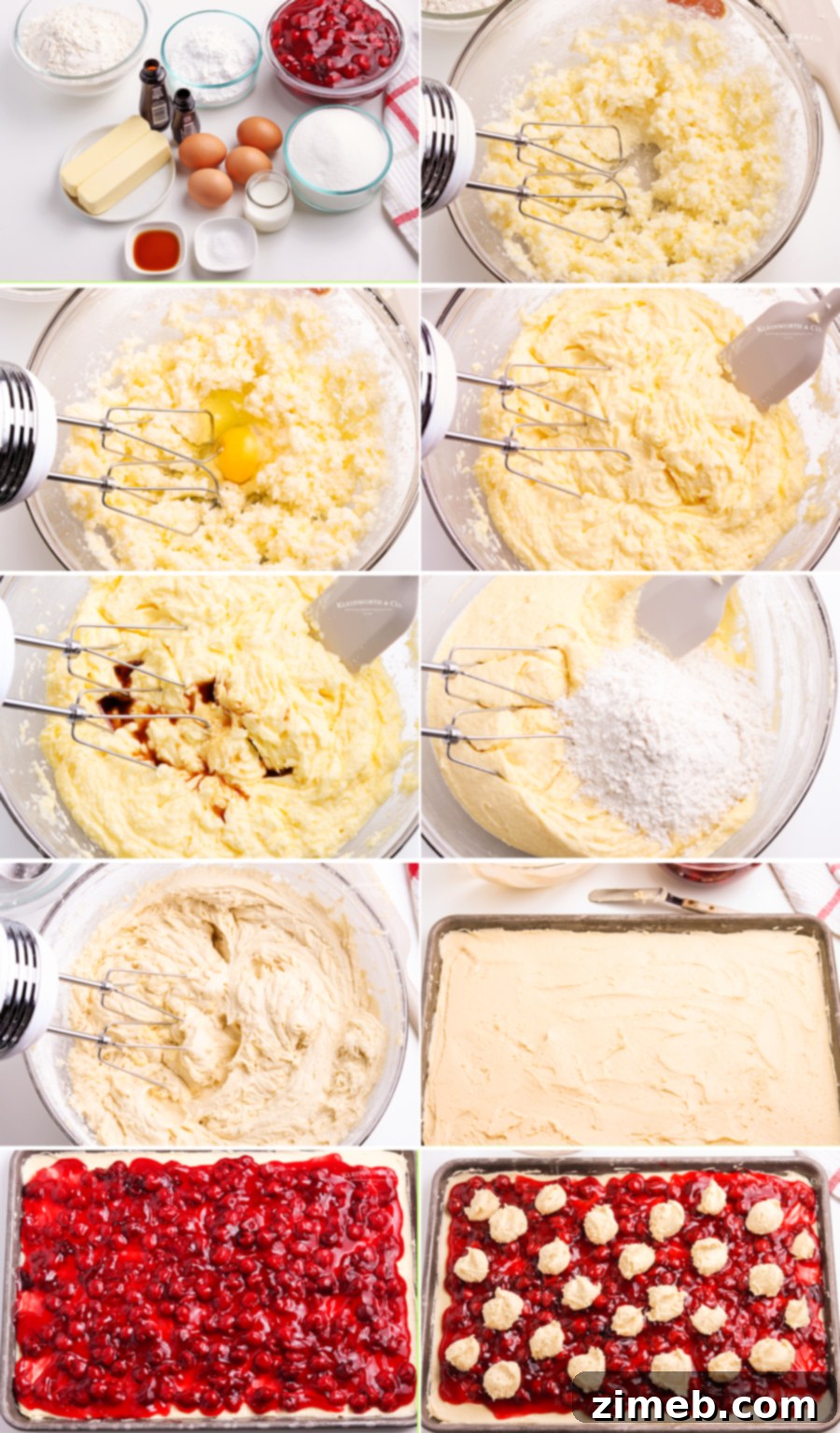 Ruby Red Cherry Squares 7 Step-by-step process showing how to make Cherry Pie Bars, from mixing the batter to topping with cherry filling and crumble.