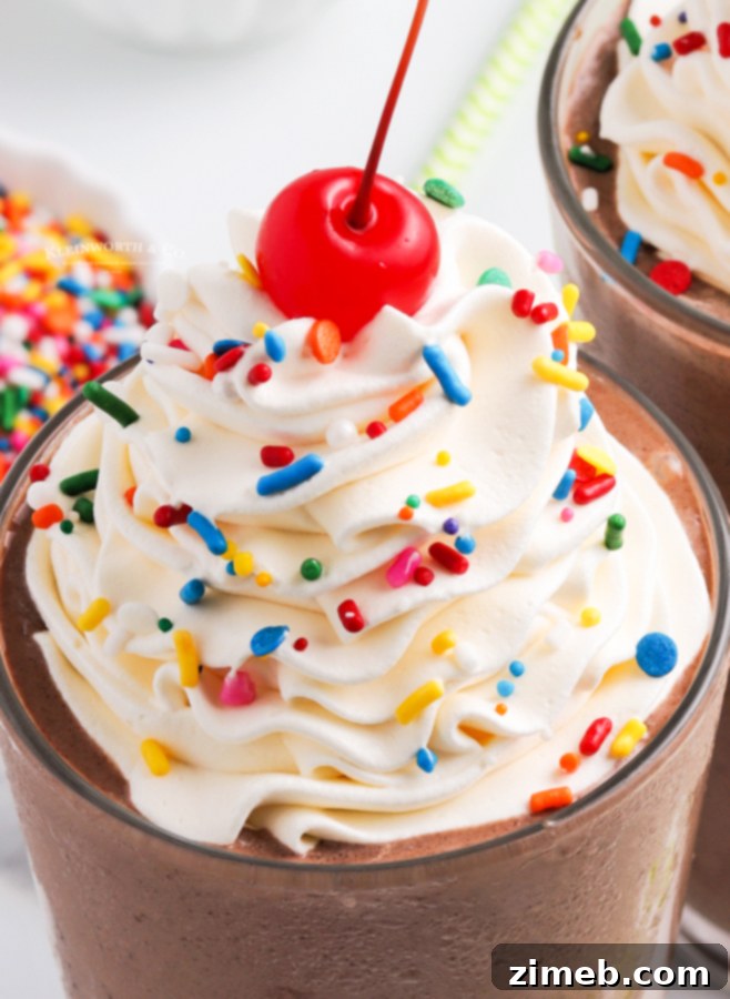 Heavenly Chocolate Milkshake 10 A delightful chocolate milkshake adorned with vibrant rainbow sprinkles, a joyful dessert.