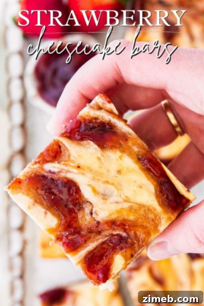Luscious Strawberry Cheesecake Squares 2 Strawberry Cheesecake Bars with a graham cracker crust and strawberry jam swirl