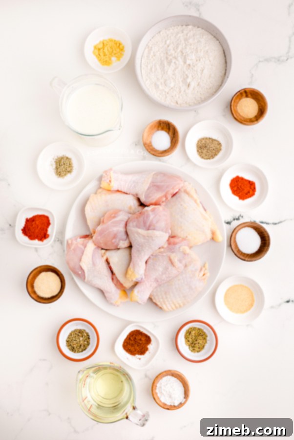 Ingredients for Buttermilk Fried Chicken laid out