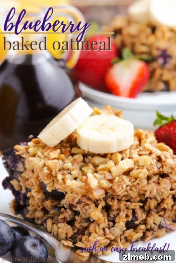Warm Blueberry Oat Bake 2 A close-up shot of freshly baked Blueberry Baked Oatmeal, topped with fresh blueberries, ready to be served from a square baking dish. Perfect for a healthy and filling breakfast.