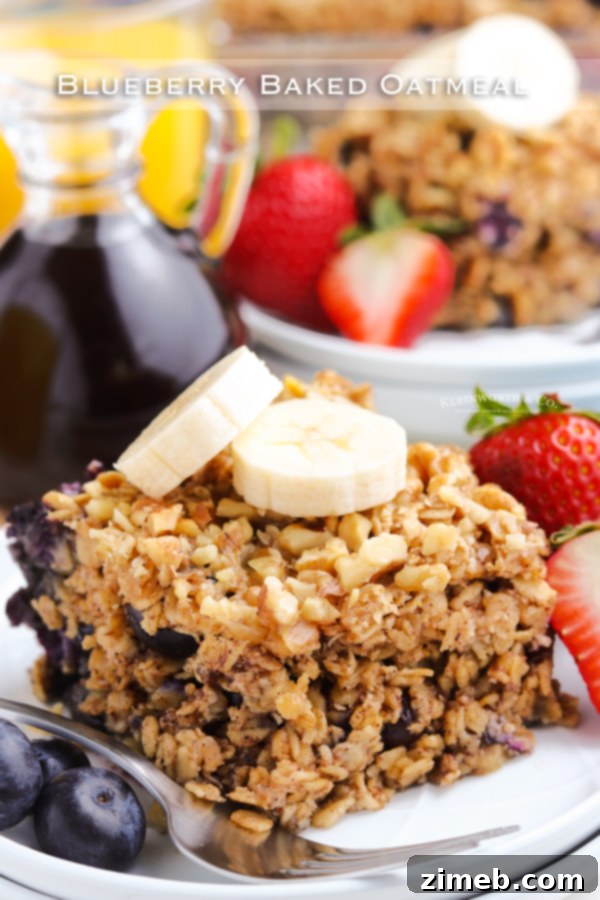 Warm Blueberry Oat Bake 20 A beautifully presented slice of Blueberry Baked Oatmeal on a plate, garnished with fresh blueberries and a light dusting of powdered sugar, making it look irresistible.