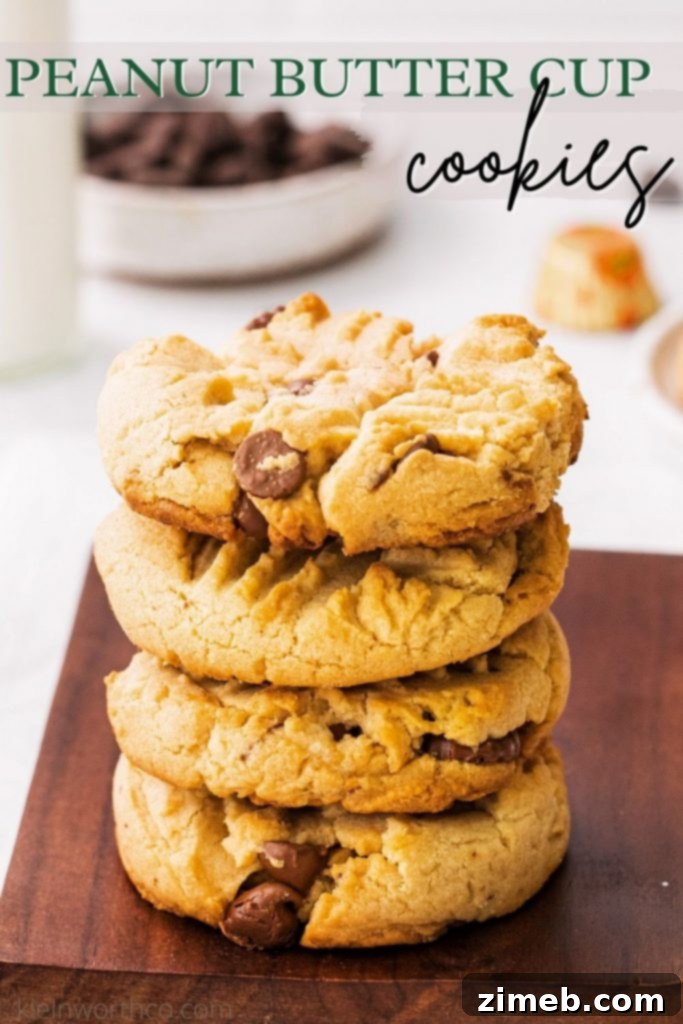 Peanut Butter Cup Stuffed Cookies 2 Perfectly baked, thick Peanut Butter Cup Cookies showcasing their gooey chocolate chips and mini peanut butter cups.