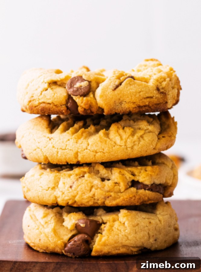 Peanut Butter Cup Stuffed Cookies 18 Close up of thick and chewy peanut butter cookies with chocolate and peanut butter cups.