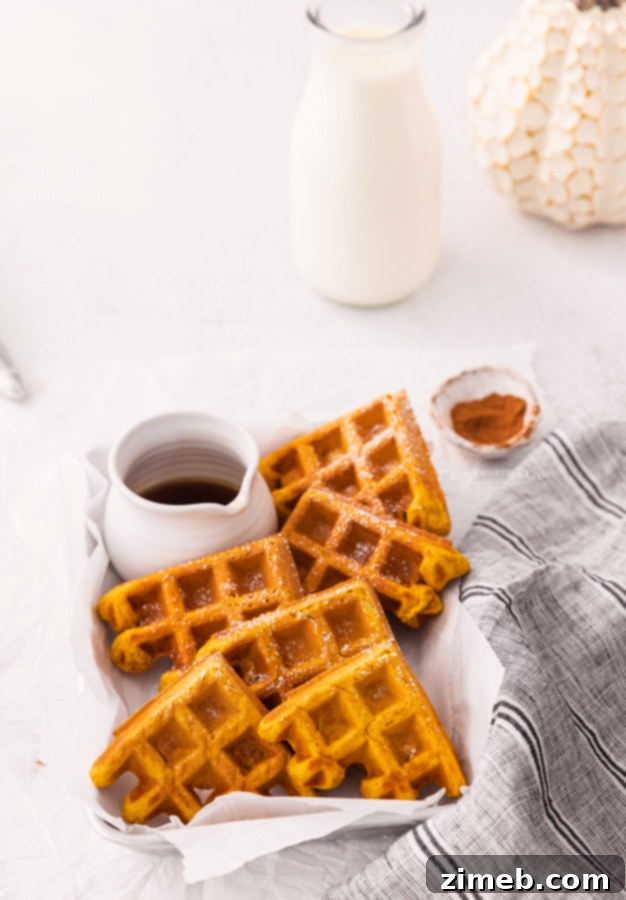 Easy pumpkin waffles with maple syrup and powdered sugar