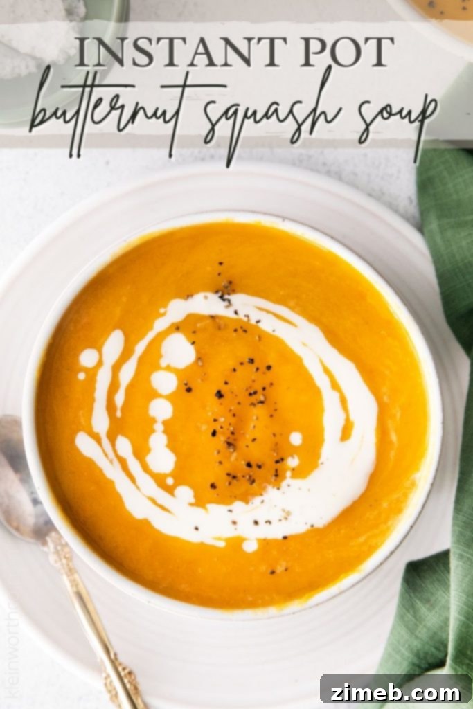 Velvety Instant Pot Butternut Squash Soup 2 Instant Pot Butternut Squash Soup - A vibrant, creamy orange soup in a bowl, garnished with a swirl of cream and fresh herbs, next to an Instant Pot. The image conveys warmth and deliciousness, highlighting the speed and ease of making this soup.