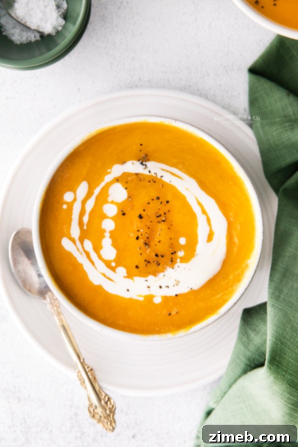Velvety Instant Pot Butternut Squash Soup 22 Pressure cooker Butternut Squash Soup - A beautifully finished bowl of pressure cooker butternut squash soup, garnished with fresh sage, ready for a comforting meal.