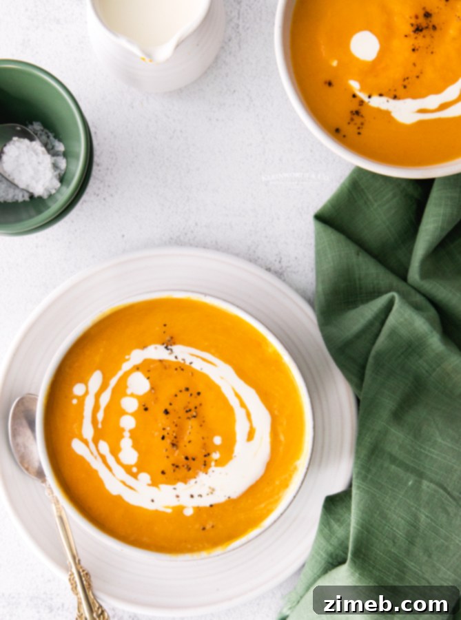Velvety Instant Pot Butternut Squash Soup 5 Easy Butternut Squash Soup - A perfectly plated bowl of butternut squash soup, garnished minimally to highlight its natural beauty and inviting texture. The image emphasizes its ease of preparation.