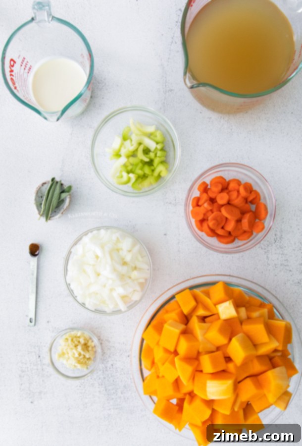 Velvety Instant Pot Butternut Squash Soup 6 Ingredients for Butternut Squash Soup - A visually appealing arrangement of fresh ingredients for butternut squash soup: whole butternut squash, carrots, celery, onion, garlic, sage, nutmeg, chicken broth, and heavy cream.