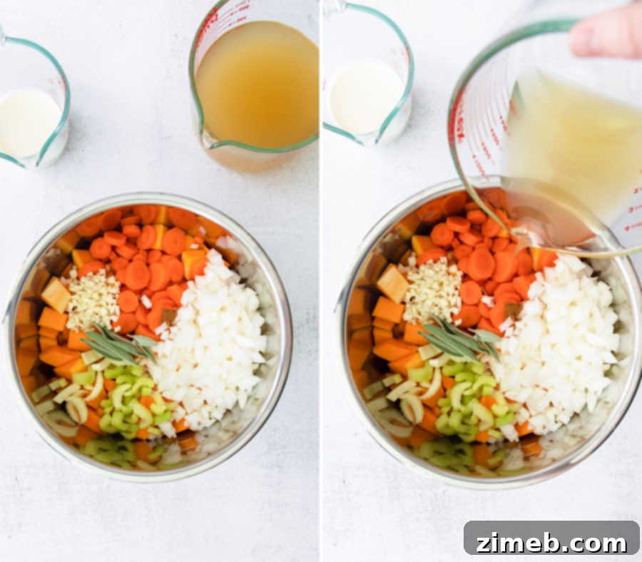 Velvety Instant Pot Butternut Squash Soup 7 How to make pressure cooker Butternut Squash Soup - A step-by-step image showing the ingredients loaded into an Instant Pot, ready for pressure cooking. This visually guides users through the preparation.