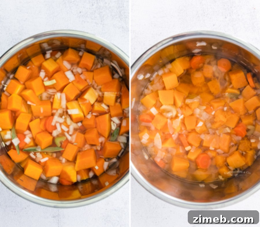 Velvety Instant Pot Butternut Squash Soup 8 How to make Instant Pot Butternut Squash - Another process shot, showing the soup after cooking and blending, with cream being stirred in. This highlights the final stages of preparation.