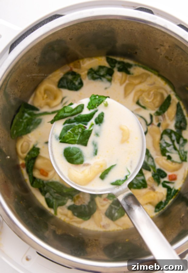 Hearty Instant Pot Spinach Tortellini Delight 4 Close-up of creamy white soup with spinach and tortellini