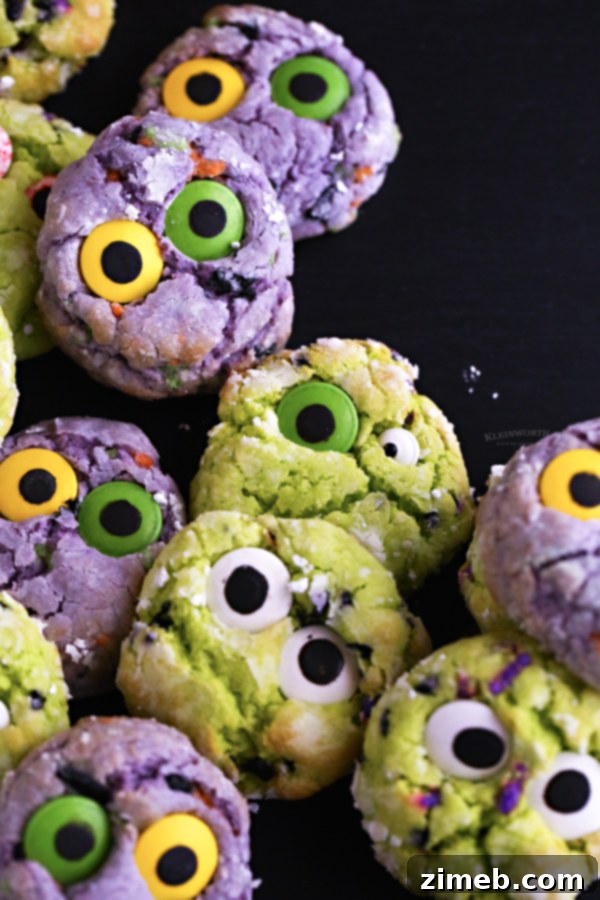 Undead Delights 21 Purple Halloween cookies with candy eyes.
