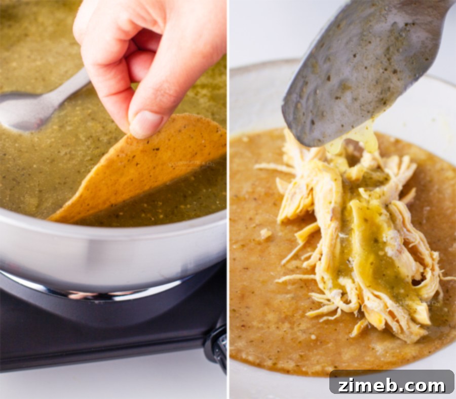 Assembling each chicken enchilada with sauce and filling