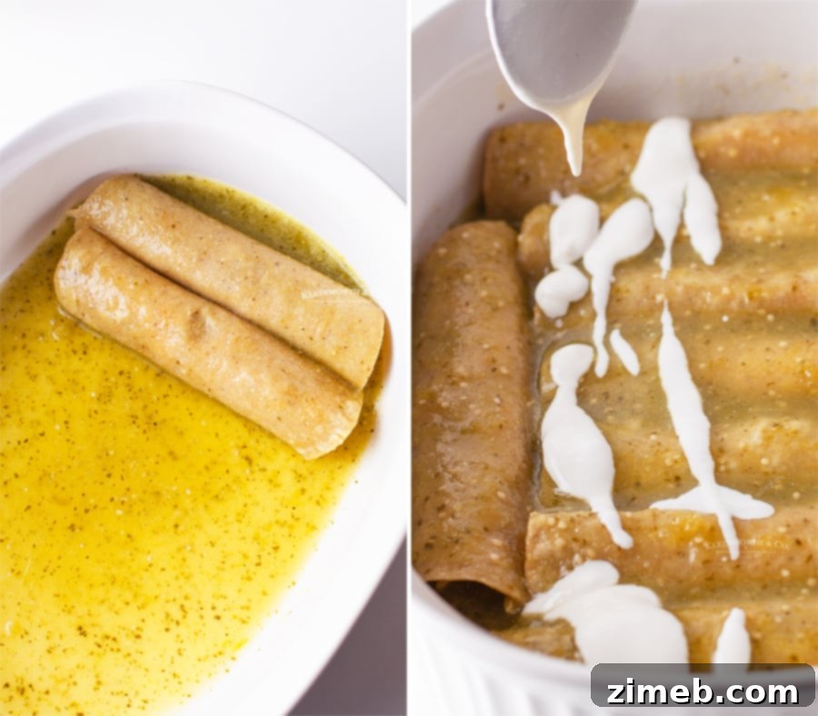 Chicken Enchiladas Verde baking in the pan