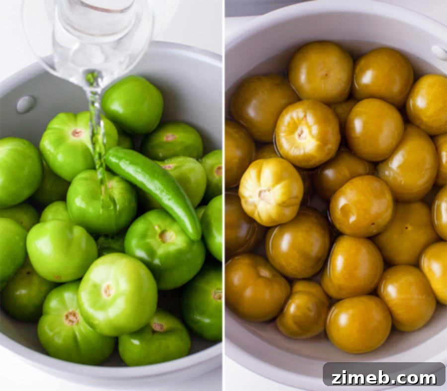 Preparing the homemade tomatillo sauce for green enchiladas