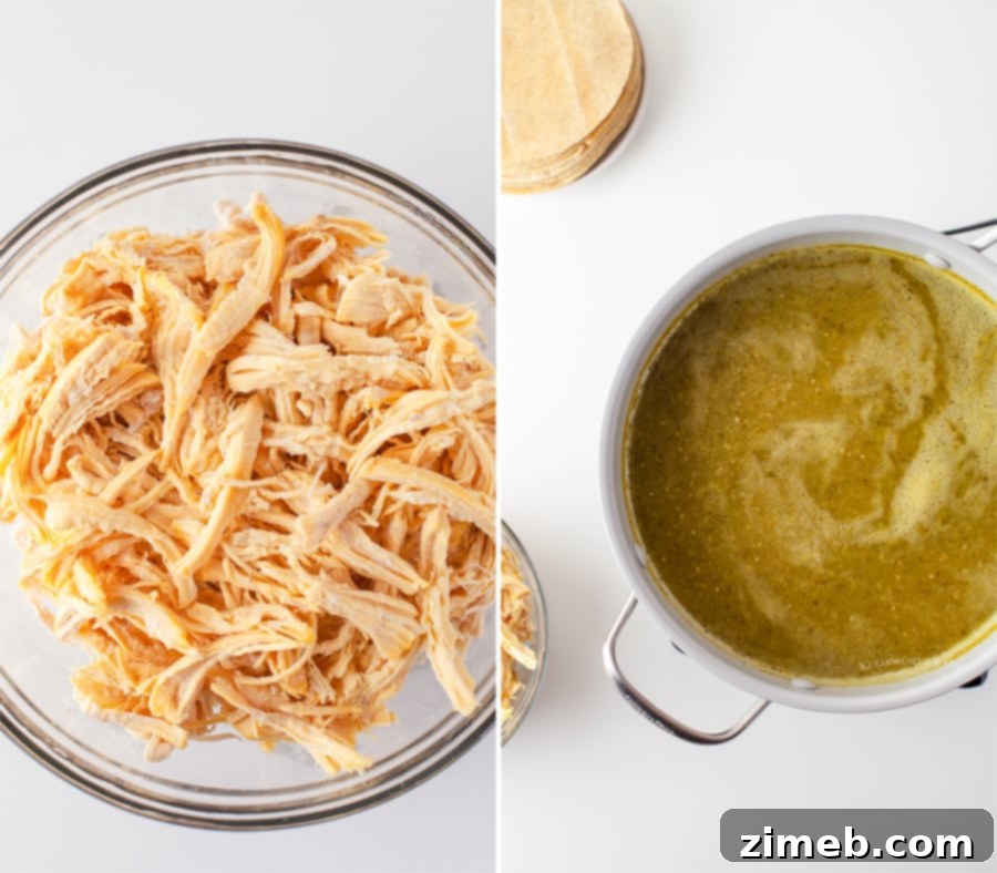 Shredded chicken and vibrant salsa verde ready for enchilada assembly