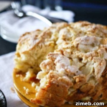 A close-up of a slice of Irish apple cake, lightly dusted with powdered sugar, showing the cake's dense crumb and chunks of apple, served on a plate.