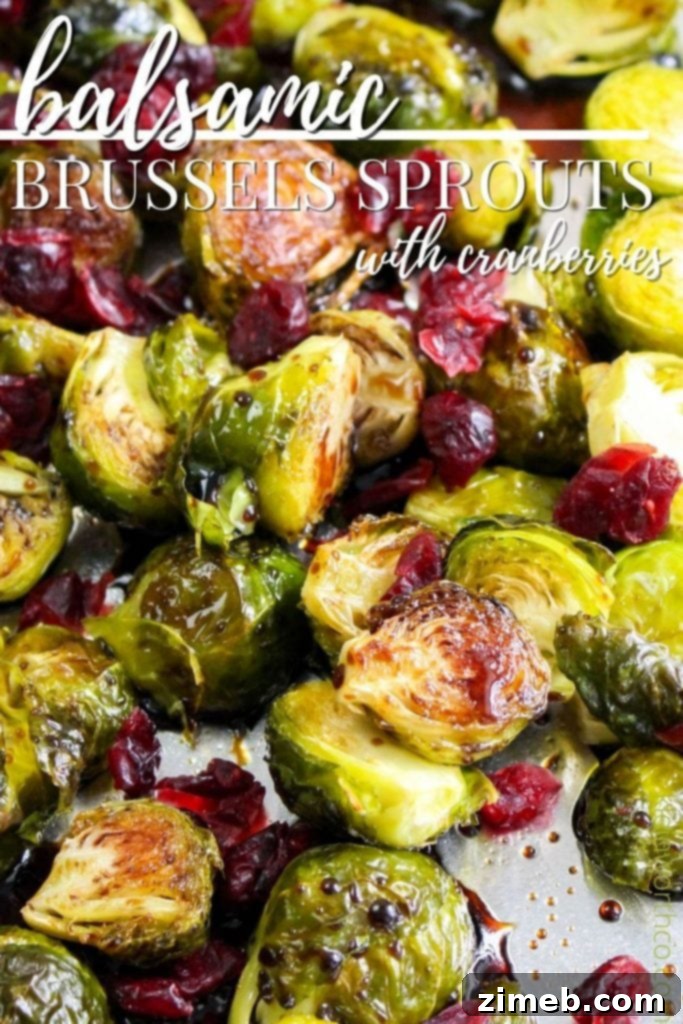 Sticky Sweet Balsamic Brussels 2 Close-up of shiny balsamic glazed Brussels sprouts with red cranberries, perfect for a holiday side dish.
