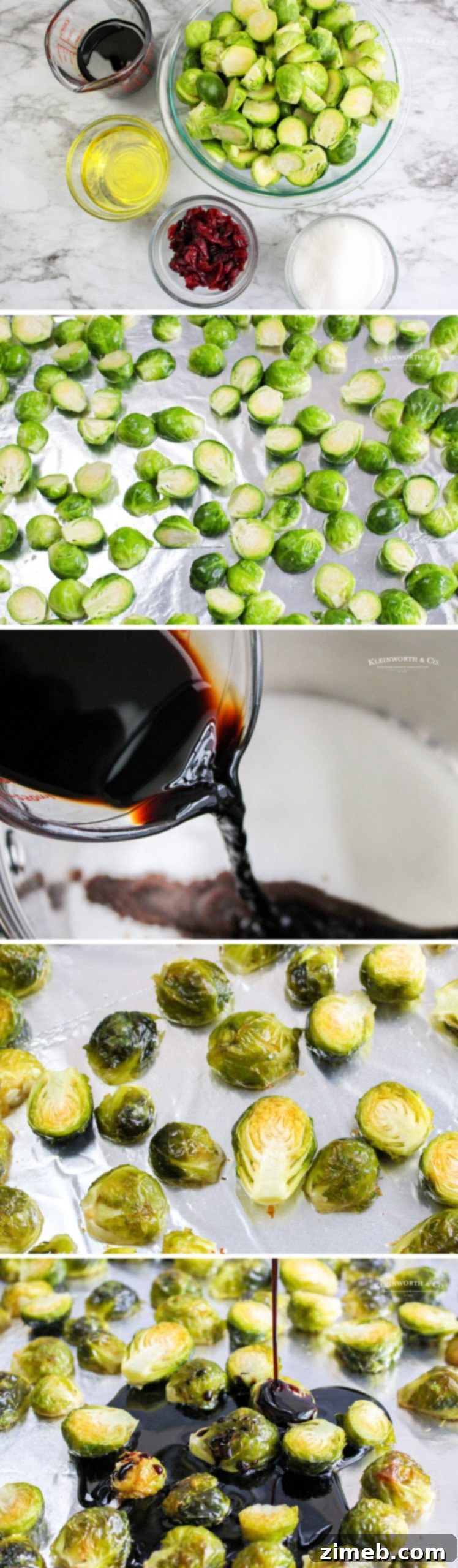 Sticky Sweet Balsamic Brussels 5 Detailed shot of roasted Brussels sprouts being tossed with dried cranberries and balsamic glaze.