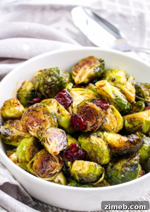 Sticky Sweet Balsamic Brussels 7 A bowl of roasted Brussels sprouts with balsamic glaze and dried cranberries, garnished with fresh herbs, ready to be served.