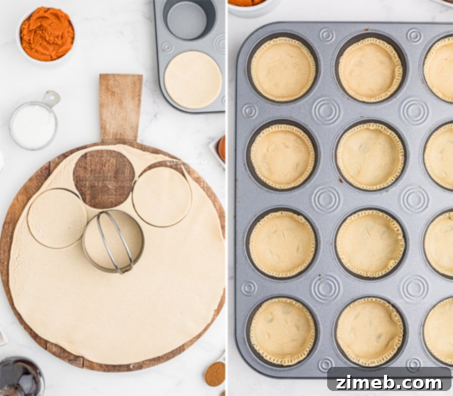Detailed image showing how to prepare the crust for Mini Pumpkin Pies in a cupcake pan.