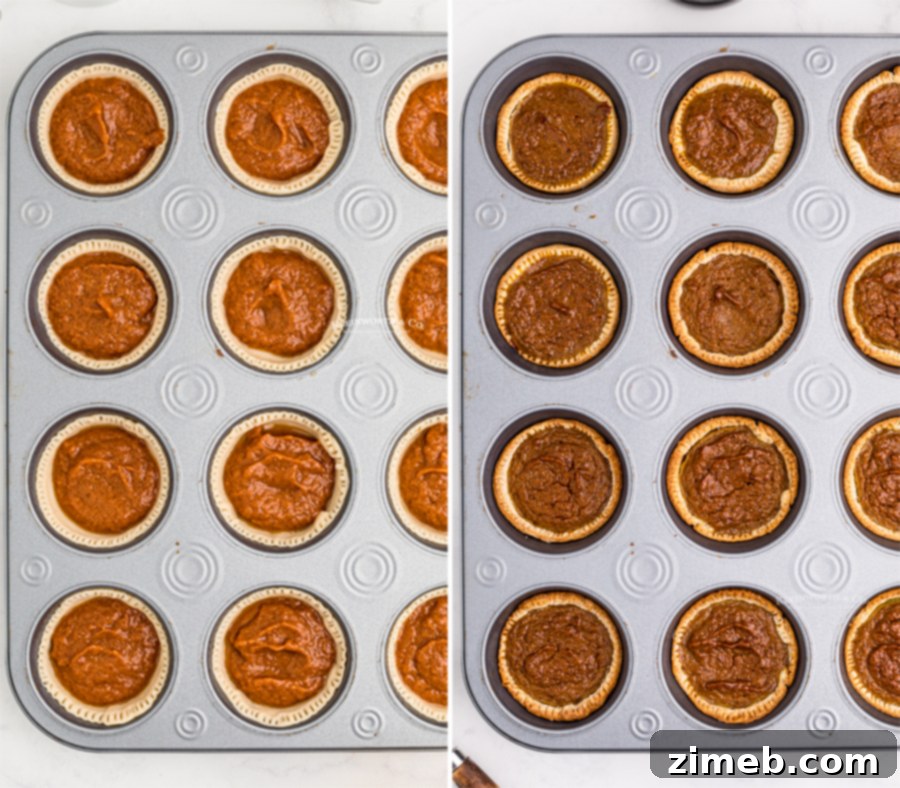 Mini Pumpkin Pies baking to golden perfection in a muffin tin.