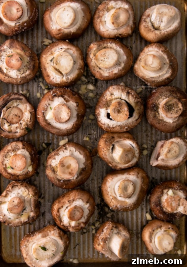 Golden Garlic Thyme Roasted Mushrooms 6 Various fresh ingredients for making oven roasted mushrooms with garlic and thyme, including whole mushrooms, olive oil, garlic cloves, and fresh thyme sprigs.