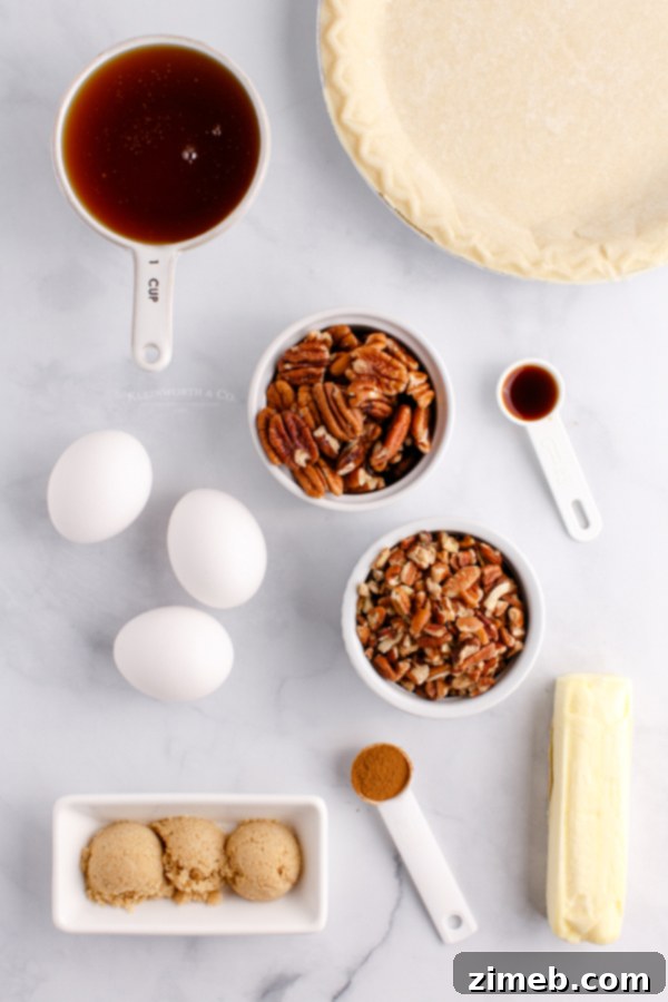 Foolproof Pecan Pie 5 ingredients laid out for making Easy Pecan Pie