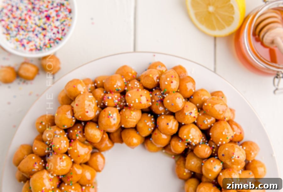 A festive platter of Struffoli, beautifully arranged for the holidays